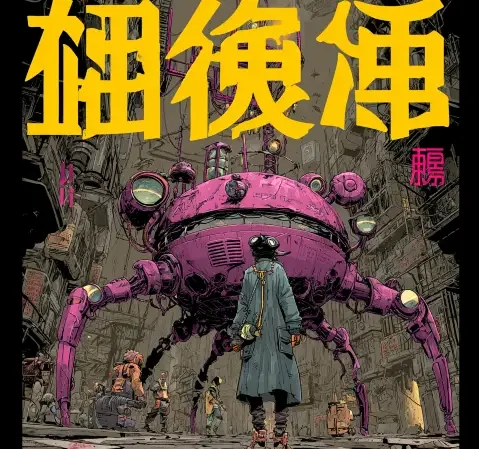 科幻漫画封面：未来城市中的飞行器